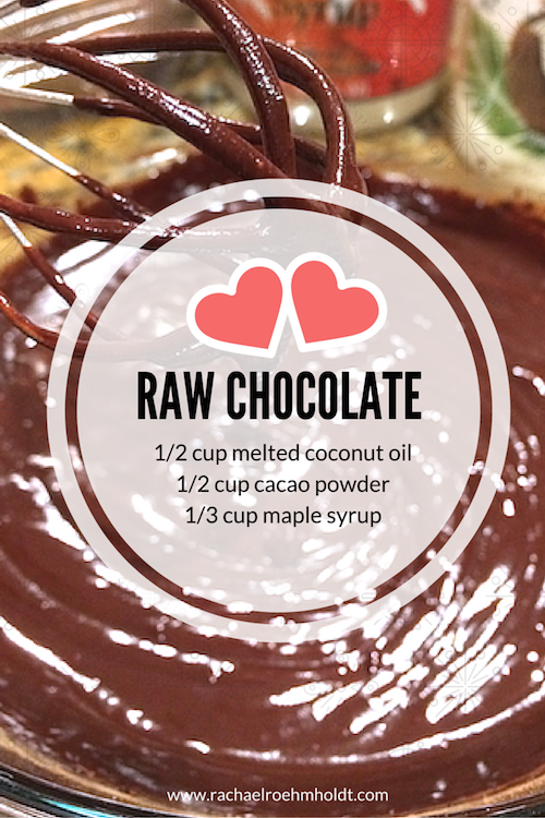 Raw Chocolate: Dairy-free + Delicious. 1/2 cup melted coconut oil + 1/2 cup cacao powder + 1/3 cup maple syrup. Mix together and refrigerate until solid. Get more dairy-free treats + inspiration at www.rachaelroehmholdt.com