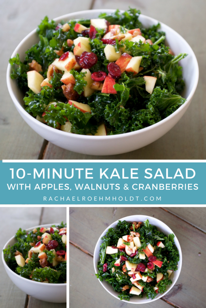 Here's an easy lunch idea! 10-minute kale salad with apples, toasted walnuts, and dried cranberries. So easy and filling! Click through for the recipe.