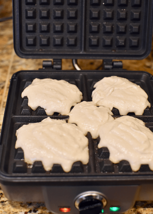 Gluten-free Waffles (Dairy-free, Vegan) - poured in the waffle iron